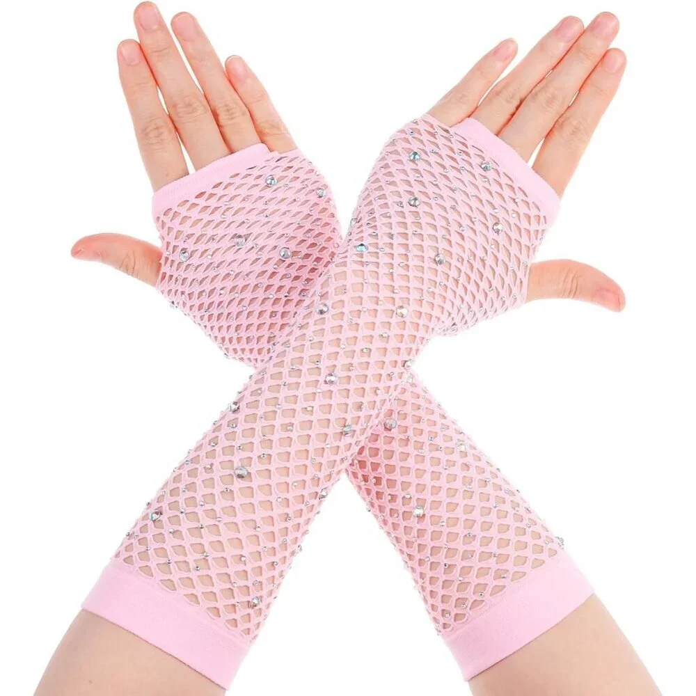 Women's Rhinestone Light Pink Sparkly Halloween Cosplay Fingerless Long Gloves